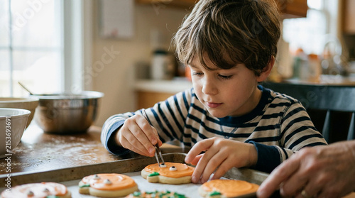 Young Boy Decorating Cookies with Focused Expression in Kitchen, Child Baking Activity with Icing and Colorful Sprinkles at Home