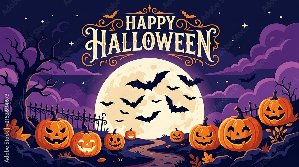 Fototapeta premium Happy halloween greeting with illuminated pumpkins, bats, and moon on a spooky night, suitable for festive invitations.