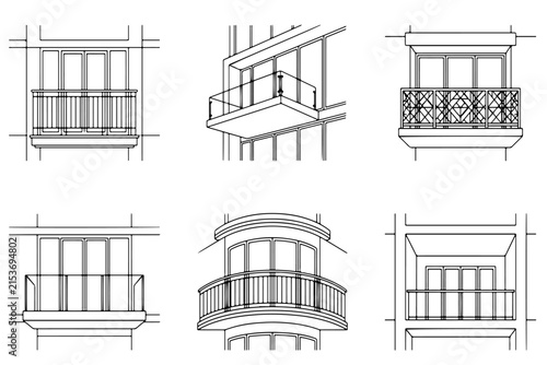 Architectural Balcony Designs: A compilation of six distinct balcony designs, rendered in a clean, minimalist line-art style.