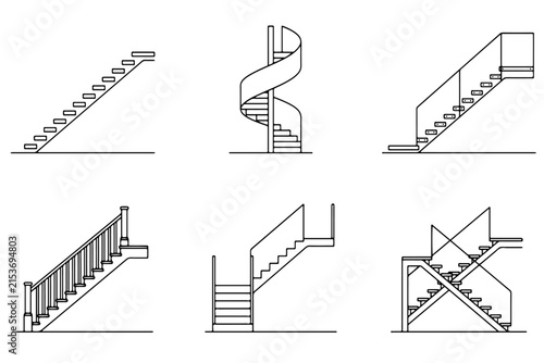 Staircase Design Variations: A compilation of six distinct staircase designs, including straight, spiral, and landing configurations, presented as clear architectural line drawings.