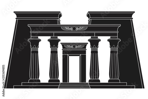 Ancient Egyptian Temple Silhouette: A striking black silhouette depicts an ancient Egyptian temple complex, featuring imposing pylons, grand columns with hieroglyphic designs, and a central gateway.