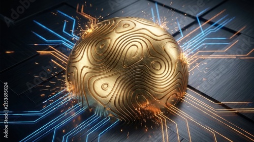 Golden sphere with intricate topographic patterns on a futuristic circuit board