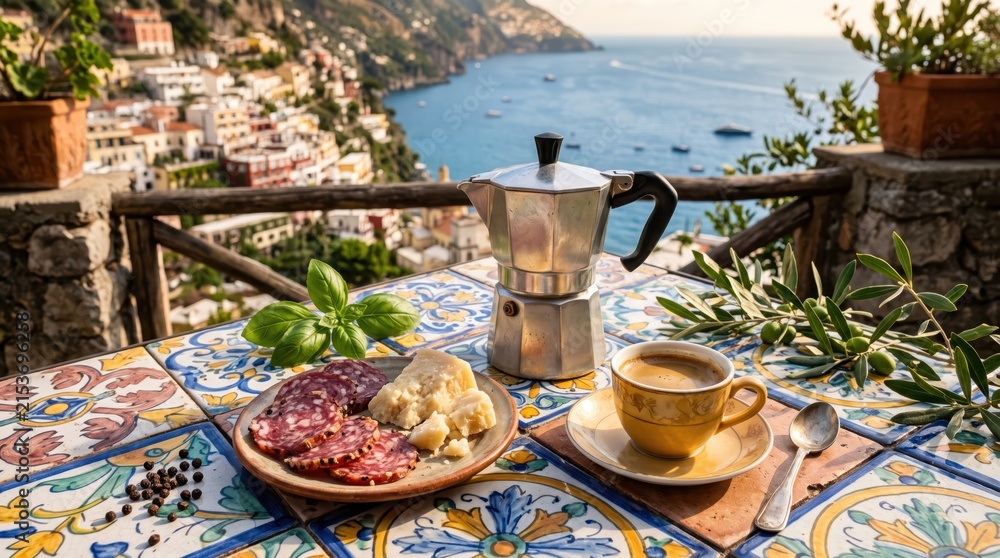 Fototapeta premium Rustic mediterranean breakfast with espresso pot cup plate of salami and cheese on decorative tiled terrace overlooking coastal village and sea, relaxed outdoor morning dining scene