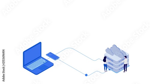 Isometric 3D vector illustration of laptop and smartphone connected to cloud servers managed by people. Concept of cloud storage, data synchronization, network transfer, and IT connection.