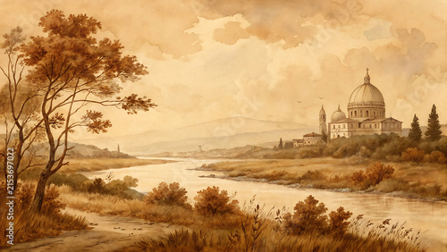 Watercolor landscape painting featuring a river flowing towards a grand domed cathedral in a serene, sepiatoned countryside