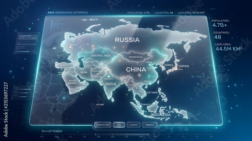 Glass Morphism Digital Map of Asia with Highlighted Countries in a Tech Interface Style