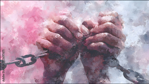 Hands Breaking Free from Heavy Metal Chains in a Stylized Watercolor Painting