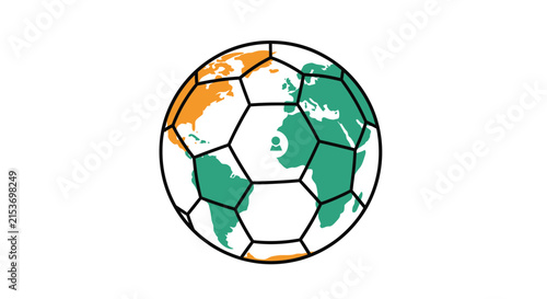 A stylized soccer ball featuring a map of the entire world