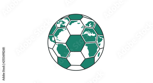 A stylized soccer ball featuring a map of the world design