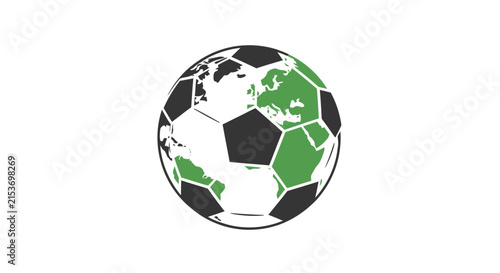 A stylized soccer ball featuring a map of the world globe