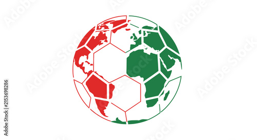 A stylized soccer ball featuring a world map graphic design