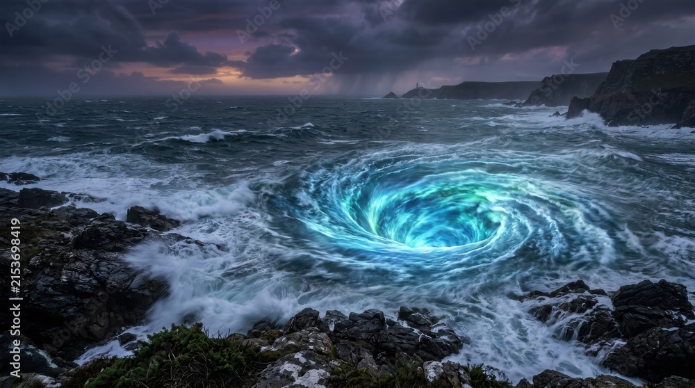 Obraz premium Dramatic ocean vortex pulls water into a glowing abyss near rocky shore