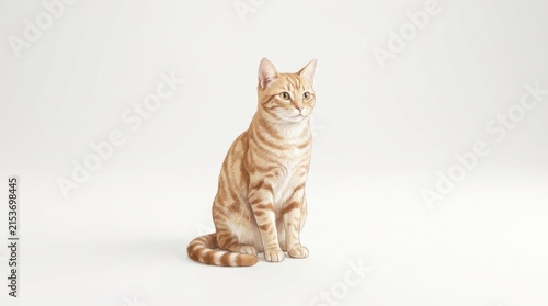 Ginger tabby cat sitting patiently on a clean white studio floor