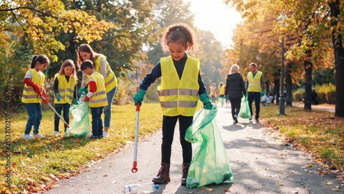 Group of children and adults cleaning up litter in an autumn park