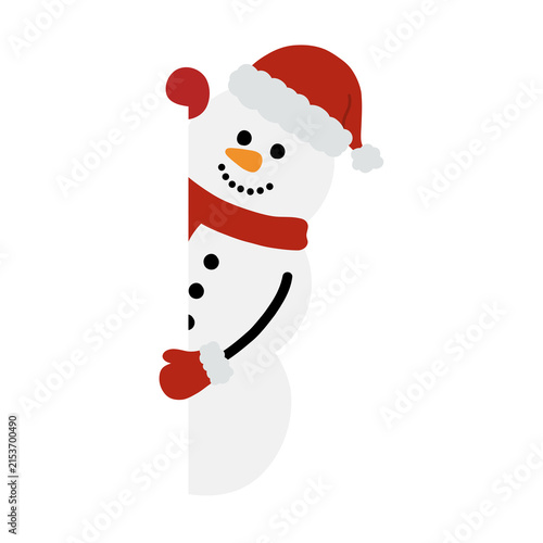 Cuadro en lienzo Cute Snowman Peeking Around Christmas Illustration