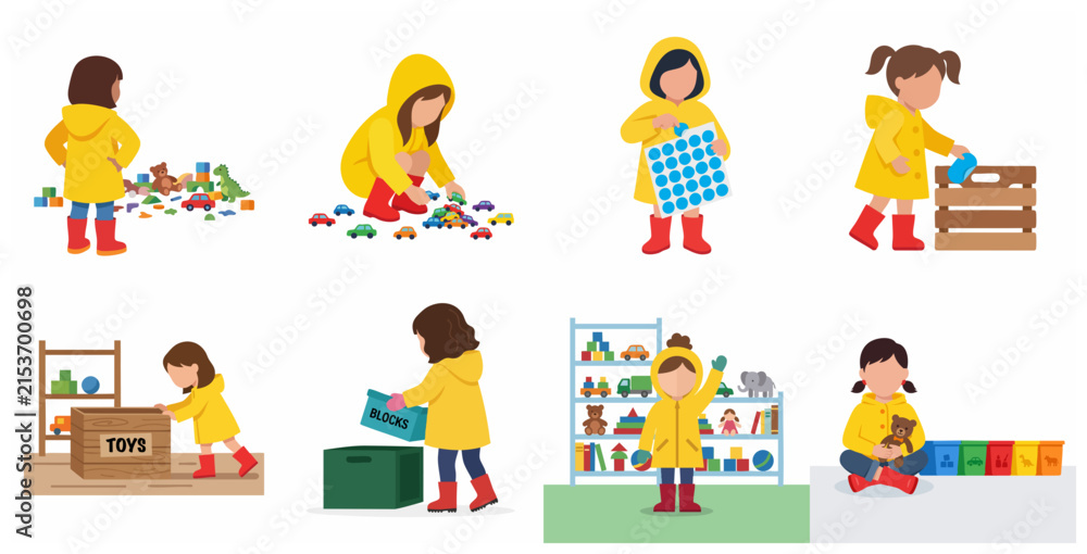 Fototapeta premium Vector illustration set of little girls in yellow raincoats playing and tidying up toys, organizing playroom, and sorting objects in a flat cartoon style.