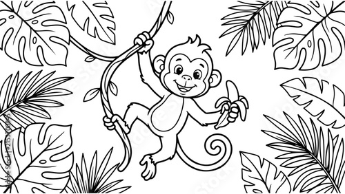Canvas Print Cute cartoon monkey hanging on a jungle vine with tropical leaves in a coloring