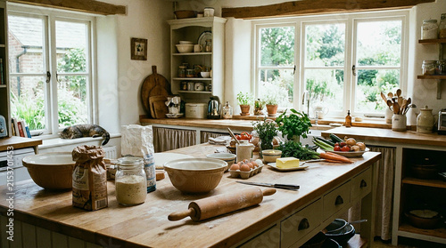 Rustic Farmhouse Kitchen with Baking Ingredients and Utensils on Wooden Counter, Cozy Country Cooking Space with Garden Window View