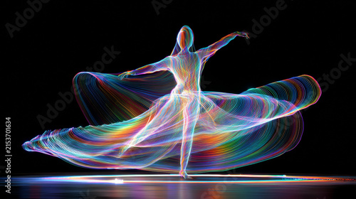Abstract futuristic dancer made of light, rainbow neon trails forming dynamic shapes, minimal dark space, surreal motion, high contrast, experimental cyber art