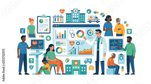 Flat Vector Illustration of Modern Healthcare Services and Medical Data Analysis