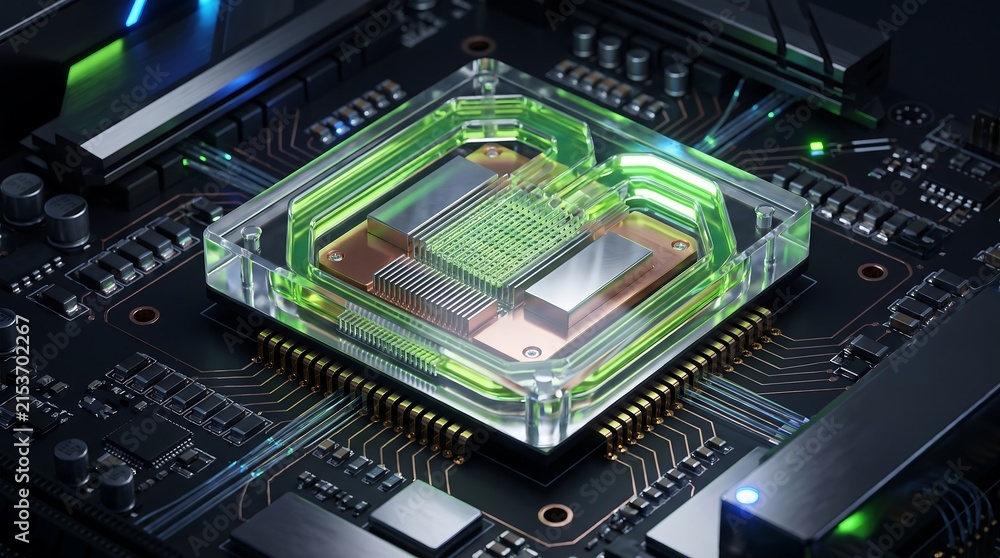 Fototapeta premium Advanced Data Center AI Microchip with Liquid Cooling System on Motherboard