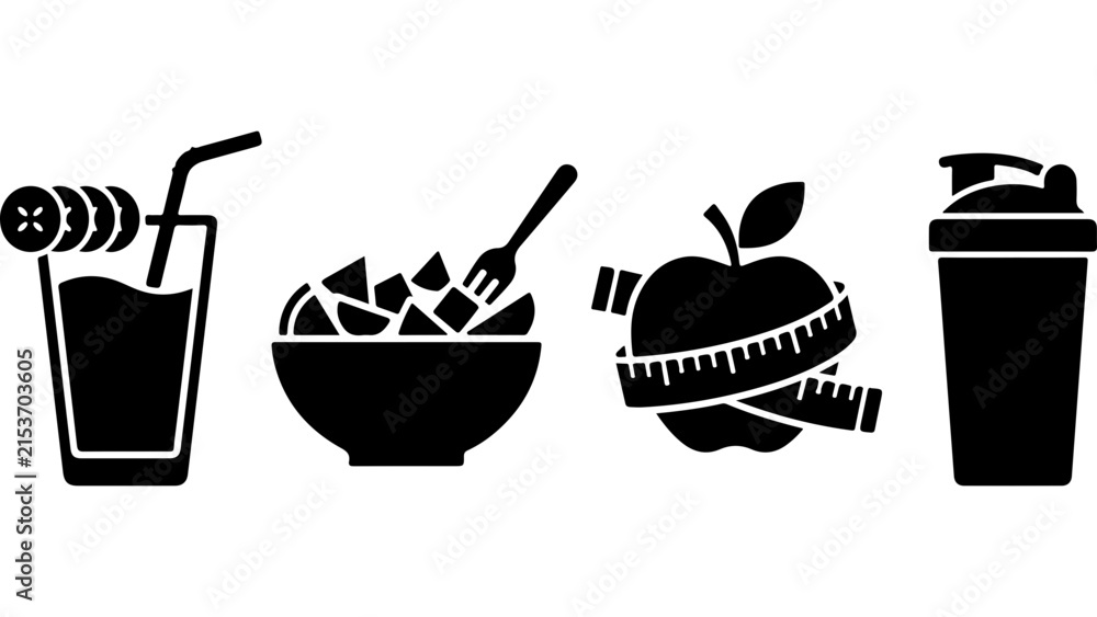 Fototapeta premium Set of black icons for healthy food and fitness lifestyle including juice salad apple and shaker