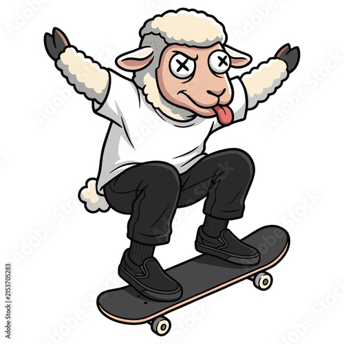 cartoon sheep character skateboarding with funny expression, vector illustration.