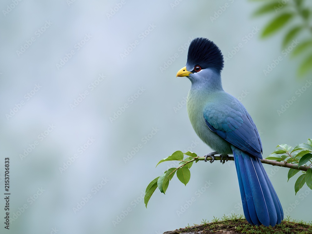 Obraz premium Wild Animal Background - Great Blue Turaco. Vibrantly colored bird perched on a branch with lush green leaves against a soft blurred background in a natural setting
