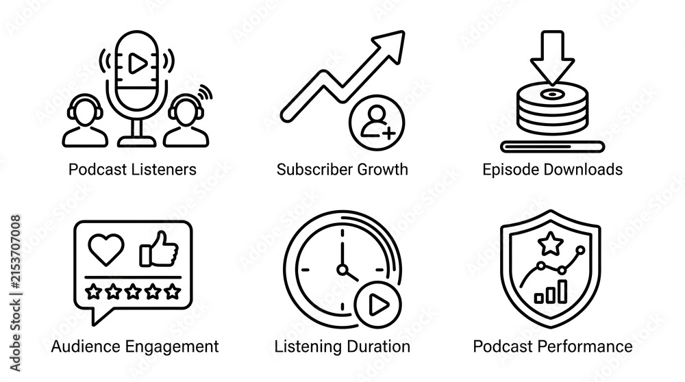 Fototapeta premium Podcast Analytics and Performance Line Icon Set