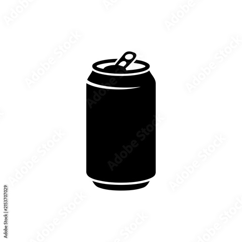 Black aluminum soda can icon with pull tab, minimalist beverage packaging silhouette vector for refreshment and recycling design