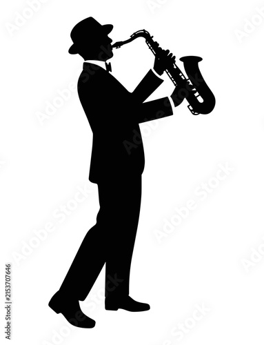 Canvas Print Silhouette of a jazz musician playing a saxophone, wearing a fedora hat and a su