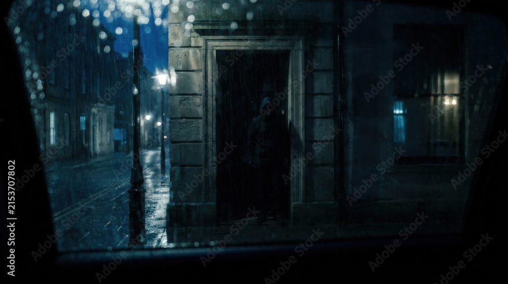 Fototapeta premium Mysterious figure emerges from dark doorway on a rainy night
