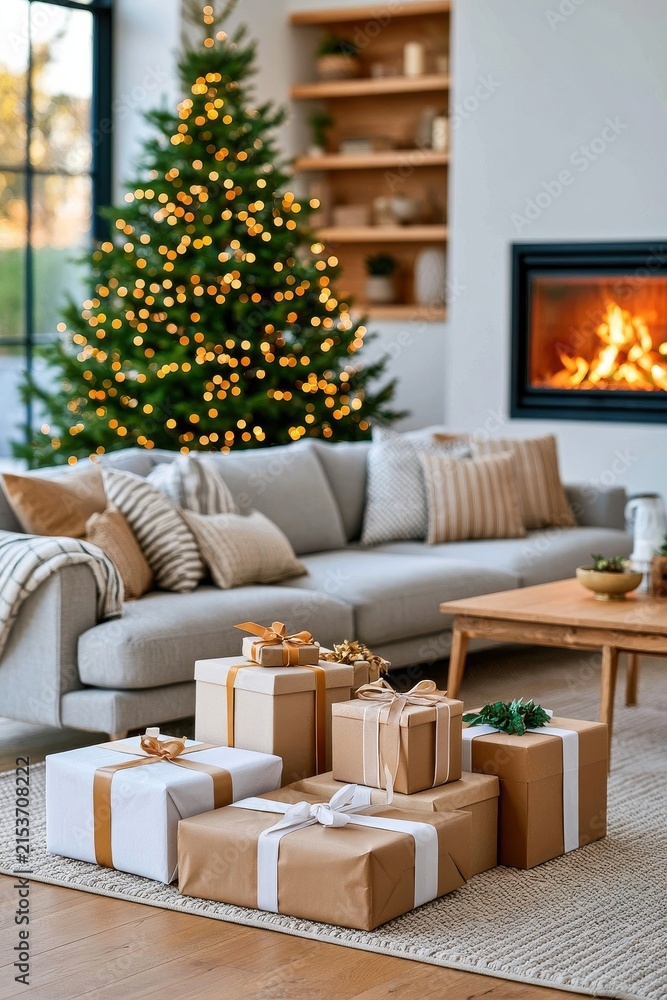 Obraz premium Decorated Christmas tree with glowing fairy lights and wrapped gifts in cozy living room