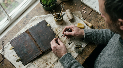 Top view of man crafting leather journal at wooden workshop table with tools, artisan bookbinding handmade craft with natural light