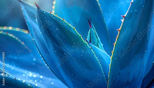 Low angle close up of blue succulent leaves with droplets