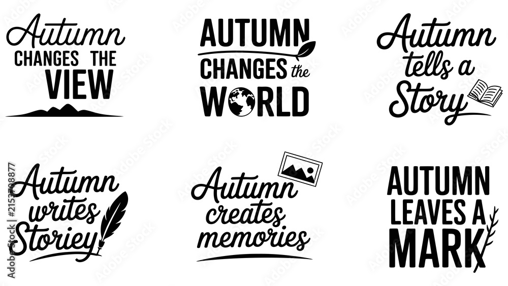 Fototapeta premium Autumn quotes vector set, fall typography bundle, seasonal lettering graphics Editable Vector