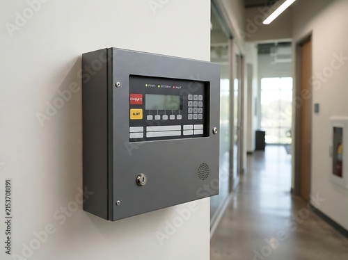 Modern fire alarm control panel box mounted on office hallway wall