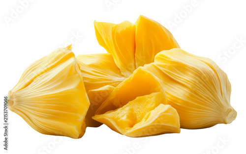 Fresh yellow jackfruit bulbs arranged in a pile isolated on a white background, close up studio shot