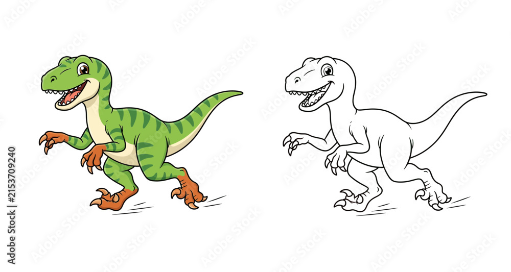 Fototapeta premium Cute Cartoon Velociraptor Dinosaur Running, Color and Black and White Line Art Set for Kids Coloring Book Page and Educational .
