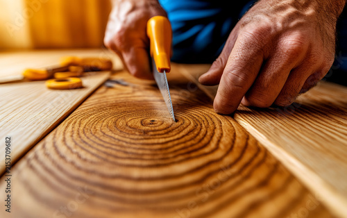 A craftsman meticulously uses a small saw to precisely cut a piece of richly grained wood, showcasing his skill and attention to detail in woodworking