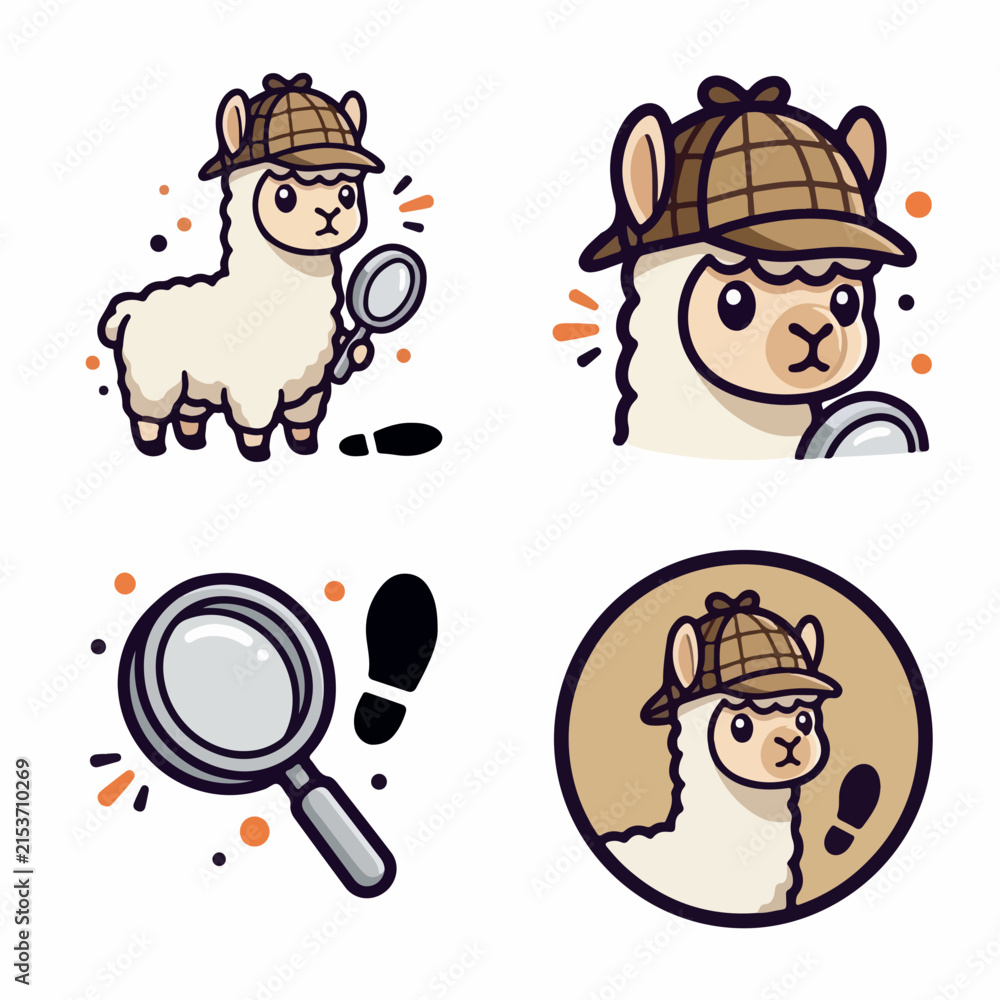 Fototapeta premium Cartoon Llama Detective with Magnifying Glass.