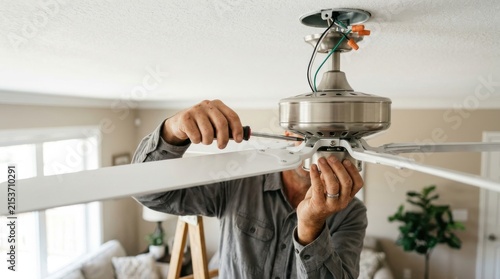 Man installing a new ceiling fan with a screwdriver on a ladder