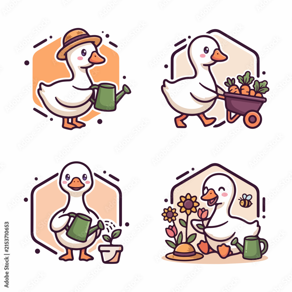 Fototapeta premium Cartoon Duck Gardening and Harvesting Vegetables.