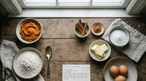 Top view of baking ingredients flatlay on wooden table with pumpkin puree flour eggs and spices, autumn recipe preparation overhead