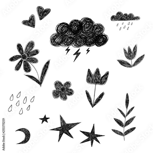 Hand drawn black naive doodle set with flowers, clouds, lightning, hearts, stars and rain isolated on transparent background. For stickers, planners, scrapbooking, patterns, and creative designs.