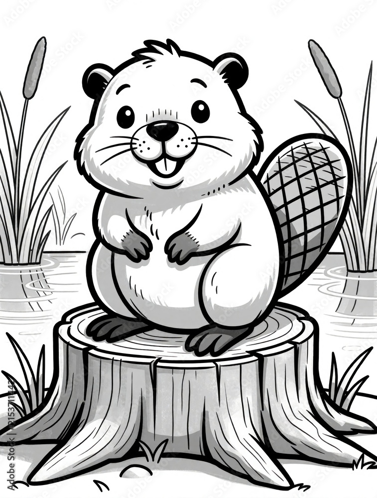 Fototapeta premium Cute cartoon beaver sits on tree stump near water. Outline drawing for coloring pages. Happy animal illustration for kids. Wildlife scene with reeds.
