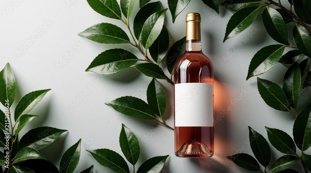 Fototapeta premium Rose wine bottle with blank label sits near green leaves on light grey surface. Minimalist product shot with natural elements, perfect for wine branding and beverage marketing needs.