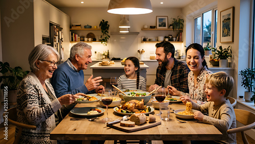 Multigenerational family having dinner together at home, parents, children and grandparents sharing food and conversation around a modern dining table, authentic connection and happiness