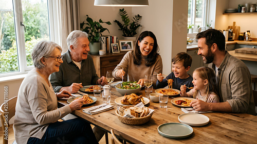 Multigenerational family having dinner together at home, parents, children and grandparents sharing food and conversation around a modern dining table, authentic connection and happiness
