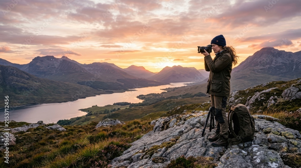 Fototapeta premium Woman photographer captures stunning sunset over a serene mountain lake landscape
